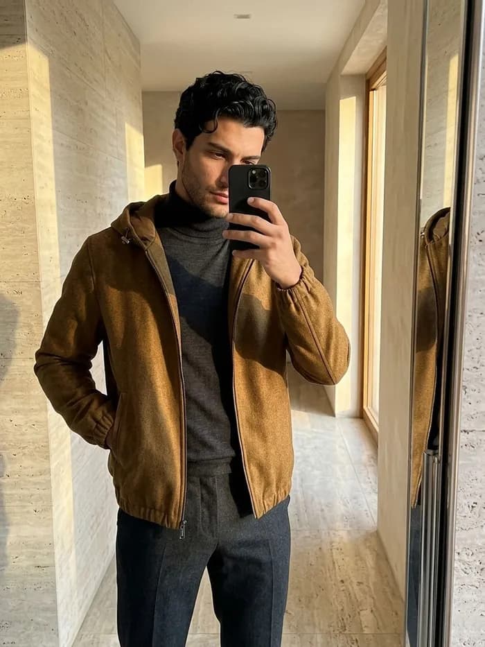 The same jacket worn by a model taking a mirror selfie in a travertine hallway