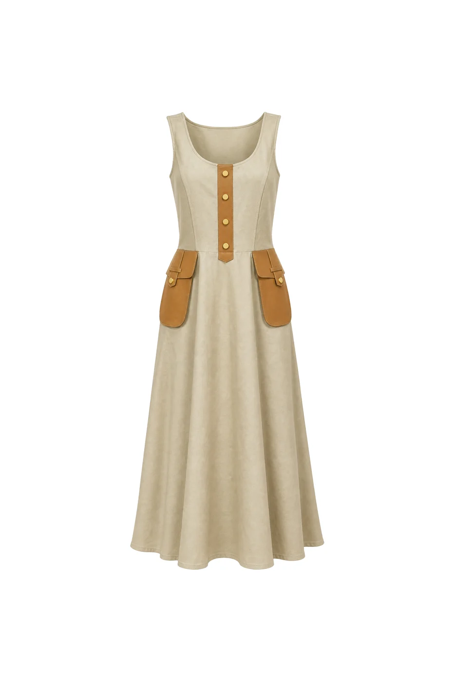 A studio render of a suede midi dress, ready to push to a Shopify product page