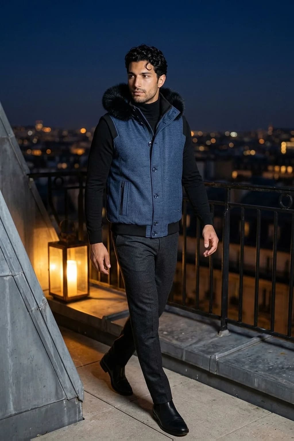 An on-model render of a navy fur-hooded gilet, shot on a Paris rooftop at dusk, ready to push to a Shopify product page